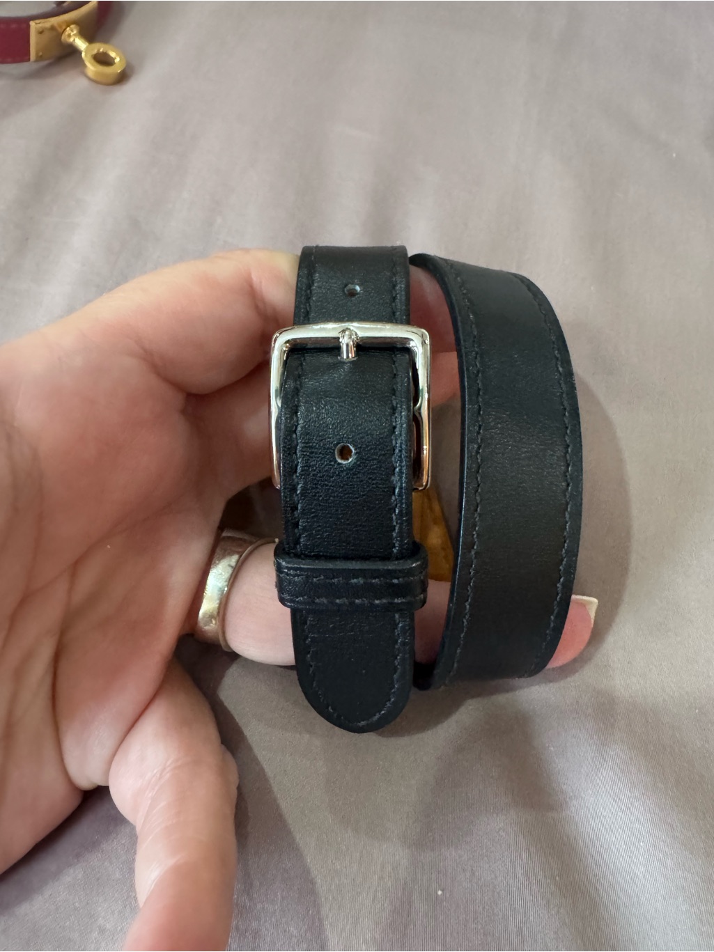 Hermes Black Leather Men's Strap Bracelet Silver Buckle